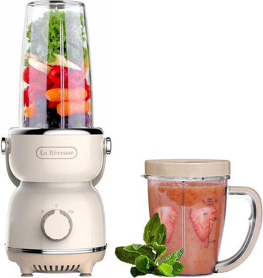 La Reveuse Personal Size Blender 300 Watts for Shakes Smoothies Seasonings Sauces with 17 oz Cup  10 oz Mug,Retro Style