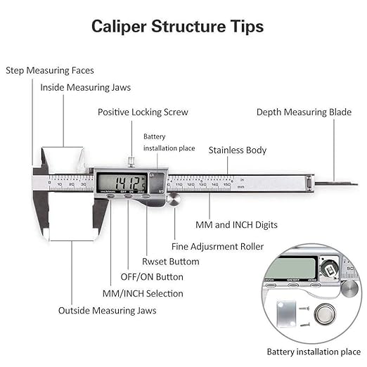 Digital Caliper, Caliper Measuring Tool with Stainless Steel, Electronic Micrometer Caliper with Large LCD Screen, Auto-Off Feature, Inch and Millimeter Conversion (6 Inch150 mm)