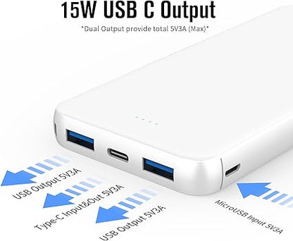 VANYUST Portable Charger, 10000mAh 5V3A Power Bank, USB-C inOut Fast Charging Battery Pack, External Powerbank Compatible with iPhone 16 15 14 13 12 Samsung S22 S21 Google iPad etc (White)