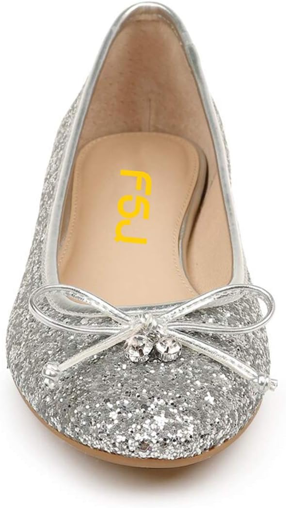 FSJ Women Cute Glitter Ballet Round Toe Flats Bowknot Decor Comfort Loafer Slip On Flat Formal Casual Evening Prom Dress Shoes Size 4-15 US