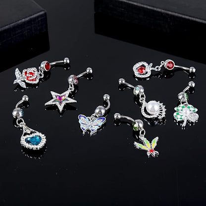 12Pcs-18Pcs Belly Button Ring 14G Dangling Dangle Belly Button Rings Navel Rings Piercing Jewelry for Women
