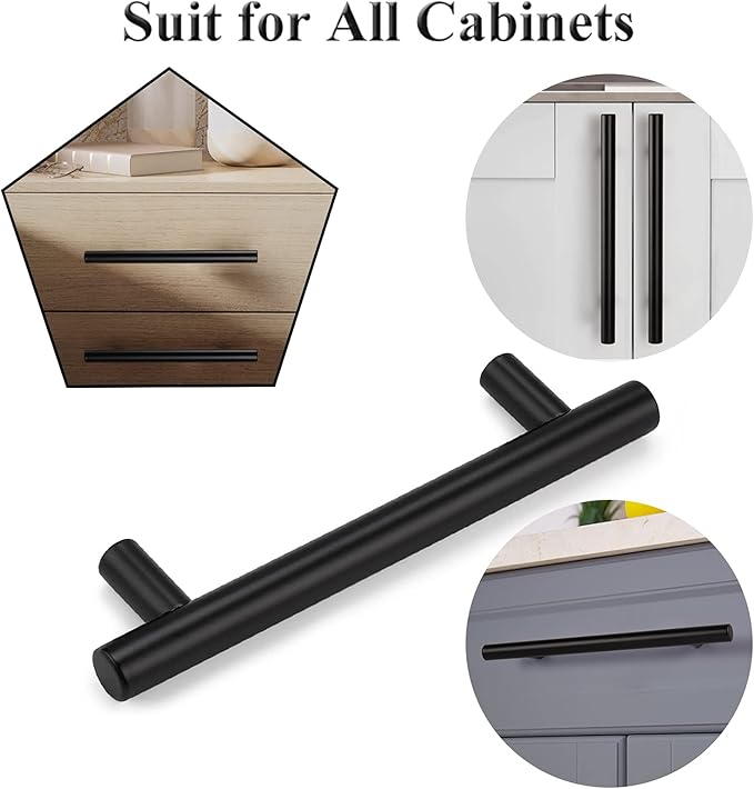 Probrico 15 Pack5" Hole Centers Flat Black Modern Cabinet Pulls Drawer Handle Kitchen Cupboard T Bar Dresser Pull Stainless Steel Cabinet Hardware, 7-12 Total Length