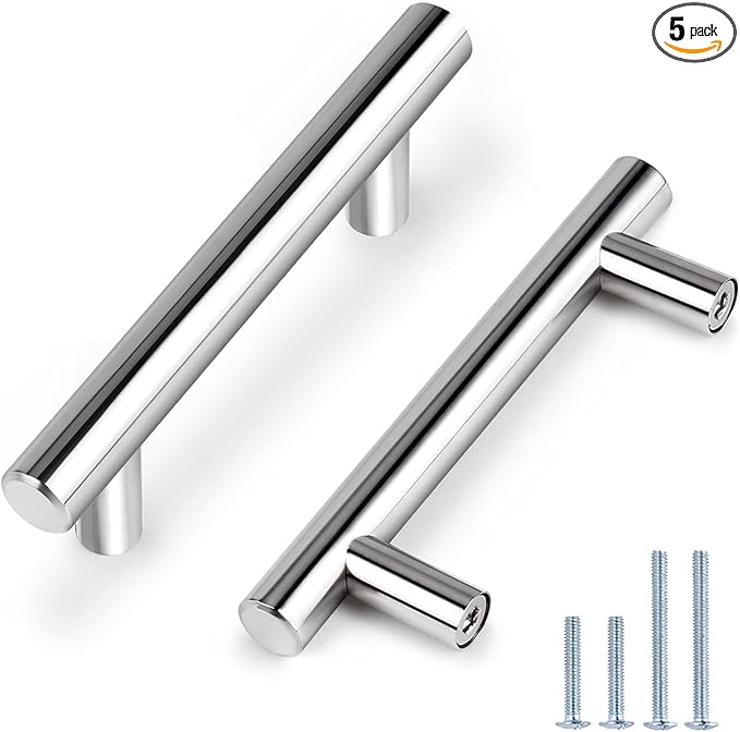 Probrico 5 Pack  3" Cabinet Pulls Polished Chrome, Euro T Bar Kitchen Cabinet Hardware Stainless Steel Dresser Pulls Chrome Handles for Cabinet Dresser, 3" Hole Centers, 5" Total Length
