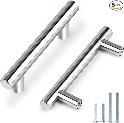 Probrico 5 Pack  3" Cabinet Pulls Polished Chrome, Euro T Bar Kitchen Cabinet Hardware Stainless Steel Dresser Pulls Chrome Handles for Cabinet Dresser, 3" Hole Centers, 5" Total Length