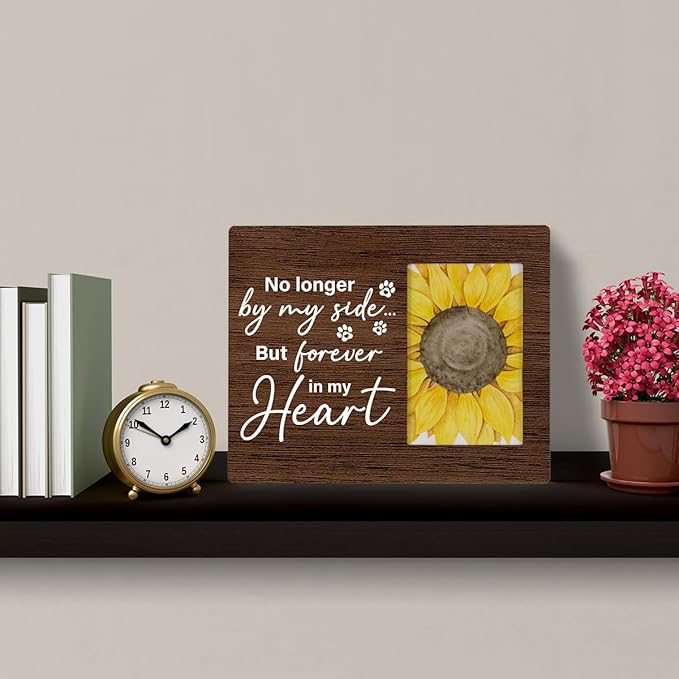 HOIJAUMAI Dog Memorial Gifts for Loss of Dog, Pet Remembrance Gifts, No Longer By My Side But Forever in My Heart Wood Picture Frame, Tabletop and Wall Mounting, Display Photo 4x6 Inch