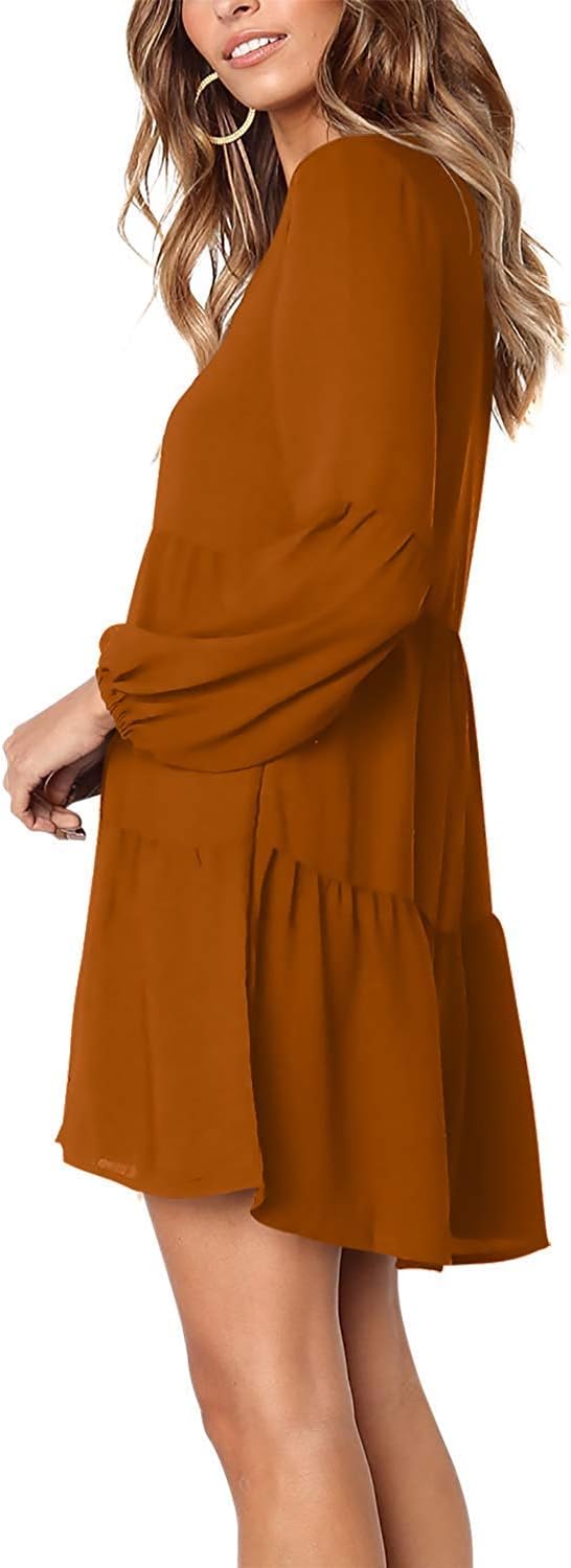 Amoretu Women's Long Sleeve V-Neck Swing Tunic Dress