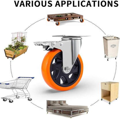 DL 5 Inch Swivel Casters Wheels 1500lbs Heavy Duty Castors with Brake Polyurethane Dual Locking Casters Set of 4 Orange DL-I5-001