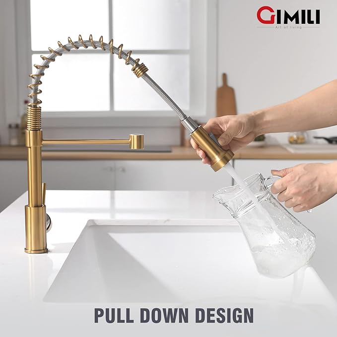 GIMILI Gold Kitchen Faucet with Sprayer,Modern Single Handle High-Arc Pull Out Kitchen Sink Faucet with Pull Down Sprayer