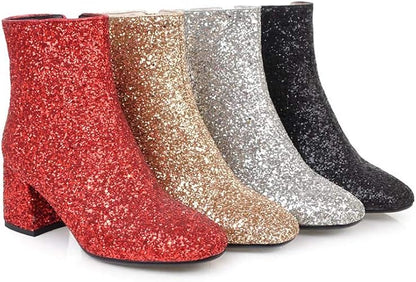 Elyffany Womens Mid Block Heel Glitter Ankle Boots Ladies Zipper Party Prom Booties