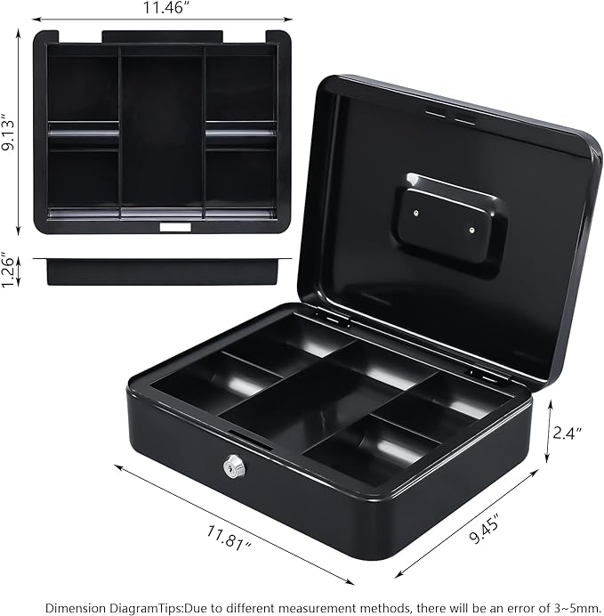 KYODOLED Metal Cash Box with Money Tray and Lock,Money Box with Cash Tray,Cash Drawer,11.81"x 9.45"x 3.54" Black X Large