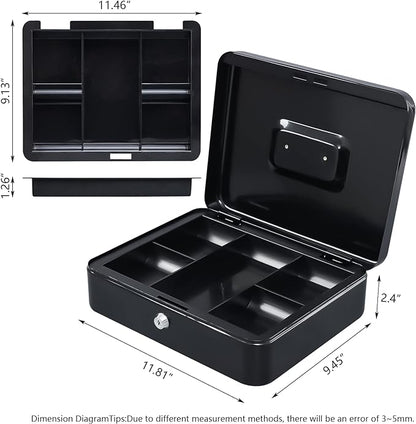 KYODOLED Metal Cash Box with Money Tray and Lock,Money Box with Cash Tray,Cash Drawer,11.81"x 9.45"x 3.54" Black X Large