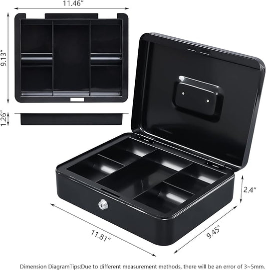 KYODOLED Metal Cash Box with Money Tray and Lock,Money Box with Cash Tray,Cash Drawer,11.81"x 9.45"x 3.54" Black X Large
