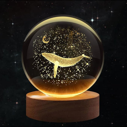 Flexzion 3D Whale Crystal Ball Night Light - LED Light Hologram Glass Lamp with Solid Wood Base, USB Powered Crystal Ball Lamp with Adjustable Brightness for Home Decor Display Gift, 2.4inch(60mm)