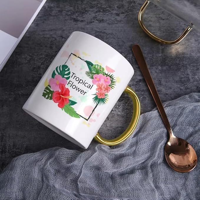Ceramic Coffee Mug with Gold Handle, White, Modern Design