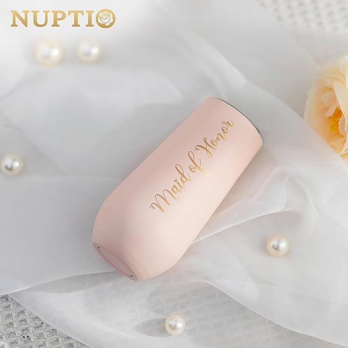 NUPTIO Maid of Honor Proposal Gifts: Pink Tumbler Stemless Champagne Flute Stainless Steel Wine Cups Bachelorette Party Supplies Bridal Shower Engagement Wedding Favors 6oz