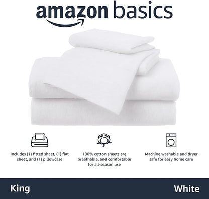 Basics 4 Piece Bed Sheet Set, 100 Cotton Jersey, Includes Super Soft, Flat and Fitted Sheets, Pillowcase, King, White, Solid