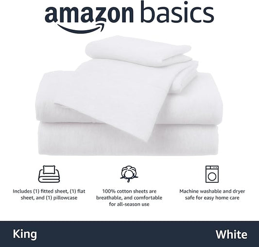 Basics 4 Piece Bed Sheet Set, 100 Cotton Jersey, Includes Super Soft, Flat and Fitted Sheets, Pillowcase, King, White, Solid