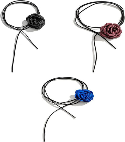 3PCS Flower Choker Necklace for Women Rose Necklace Adjustable Lace up Design Handmade Velvet Rose Choker Jewelry for Party Bride Wedding Party Summer Necklaces