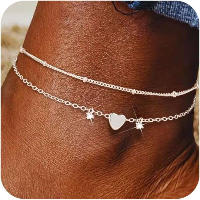 Trendy Anklets for Women Dainty Ankle Bracelet CZ Evil Eye Heart Layered Bracelets Set Gifts Summer Beach Jewelry