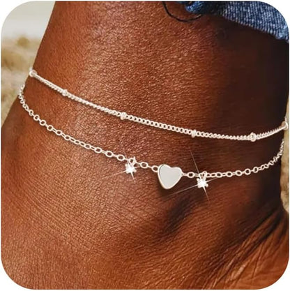 Trendy Anklets for Women Dainty Ankle Bracelet CZ Evil Eye Heart Layered Bracelets Set Gifts Summer Beach Jewelry
