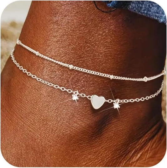 Trendy Anklets for Women Dainty Ankle Bracelet CZ Evil Eye Heart Layered Bracelets Set Gifts Summer Beach Jewelry