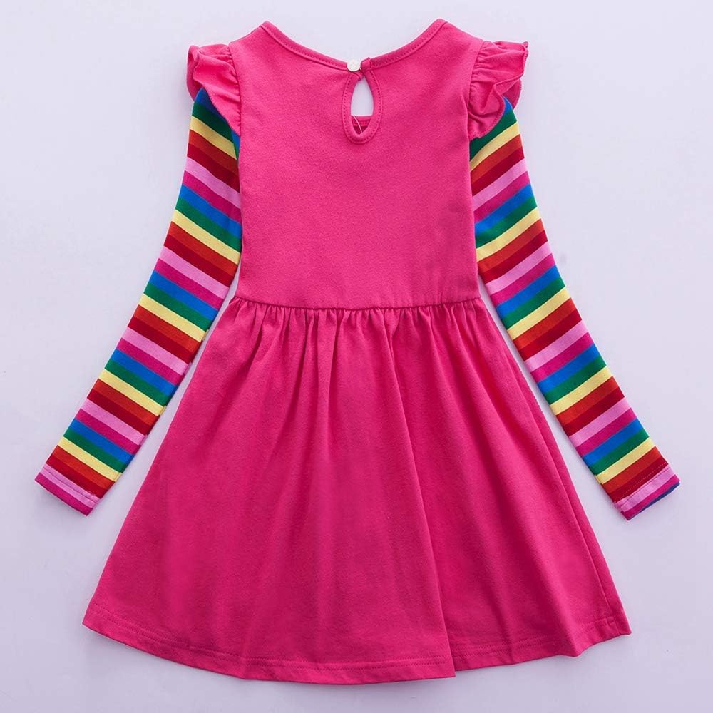 Cotton Girls Flower Rainbow Long Sleeve Dresses Butterfly Animal for Kids 3-8 Years