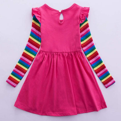 Cotton Girls Flower Rainbow Long Sleeve Dresses Butterfly Animal for Kids 3-8 Years