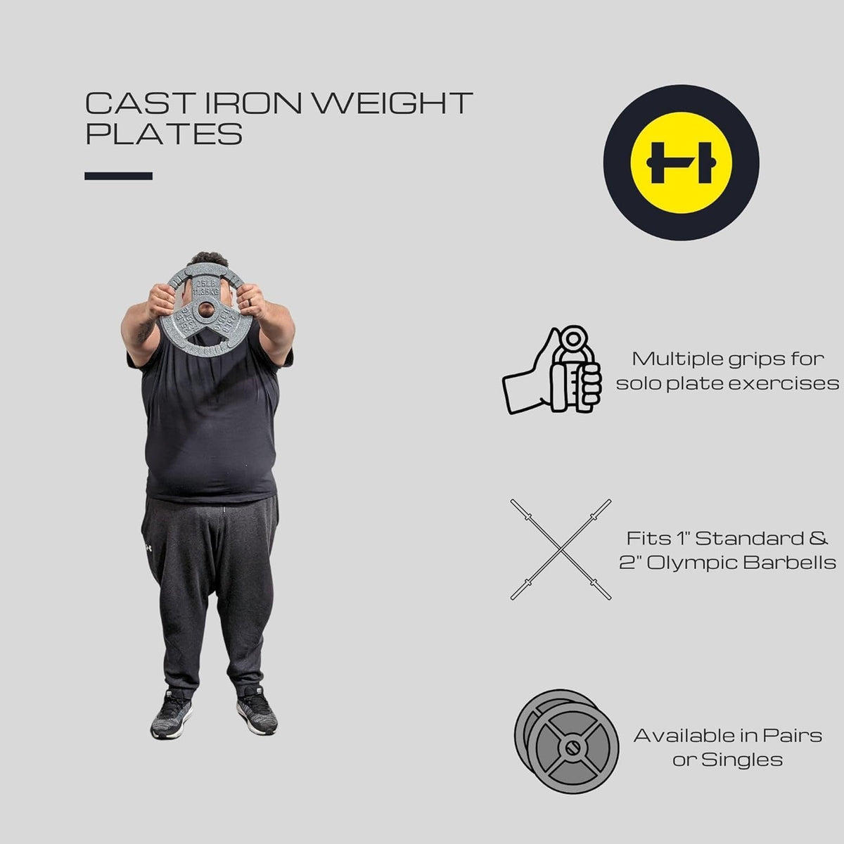 HulkFit Cast Iron Weight Plate with Multi-Grip Handles, Gray