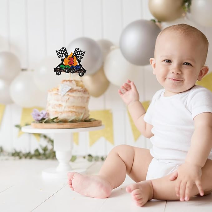 Monster Truck 3rd Birthday Cake Topper, Big Truck Fast Three Cake Topper for Boys, Racing Car Three Years Old Birthday Cake Decor, Racing Theme 3rd Anniversary Party Decoration - Black Glitter