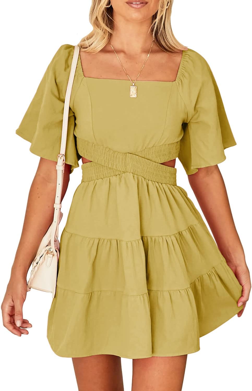Senllen Womens Summer Dresses 2026 Short-Sleeve Square Neck Mini Dress Crossover Elastic Waist Casual Party Tiered Dress