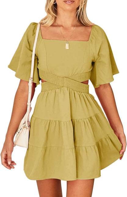 Senllen Womens Summer Dresses 2026 Short-Sleeve Square Neck Mini Dress Crossover Elastic Waist Casual Party Tiered Dress