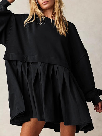 Dokuritu Sweatshirt Dress Women Crew Neck Long Sleeve Patchwork Pullover Tops Flowy Oversized Sweatshirt Mini Dress .