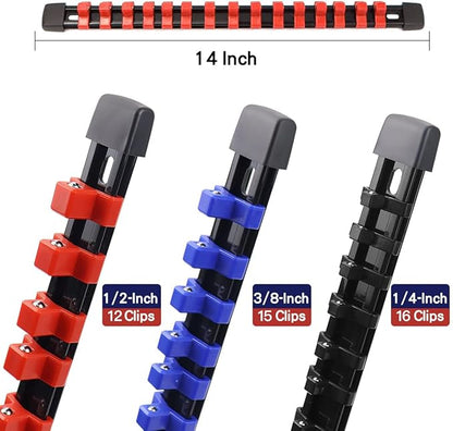 3/8-Inch Drive ABS Socket Organizer, Heavy Duty Socket Racks, Socket Holder Kit 3/8-Inch x 15 Clips Premium Quality Socket Clip Rail Holder(3/8-Blue)