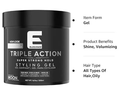 E Elegance Moon Fragrance Triple Action Hair Gel for Men And Women - Super Strong Hold, Extreme Volume, And Long Lasting Shine - Flake Free And Refreshing Fragrance - All Hair Types, 16.9 oz