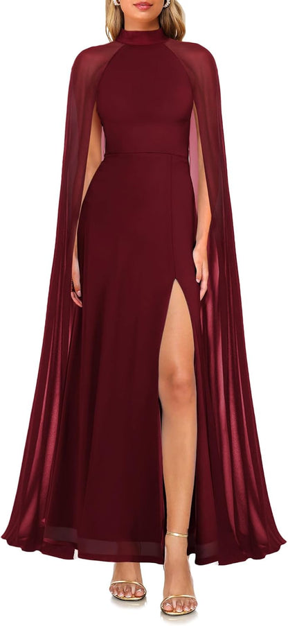 Aisbei Women's Elegant Mock Neck Slit A Line Flowy Maxi Dress Evening Gowns Party Formal Wedding Guest Dresses with Cape