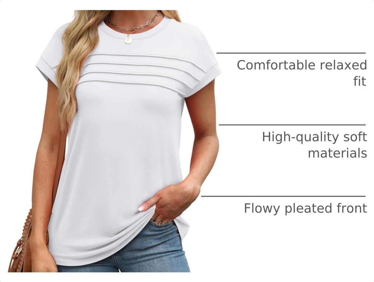 WEESO Womens Summer Tops Trendy 2026 Cap Sleeve T Shirts Crew Neck Pleated Front Beach Vacation Clothes Fashion.