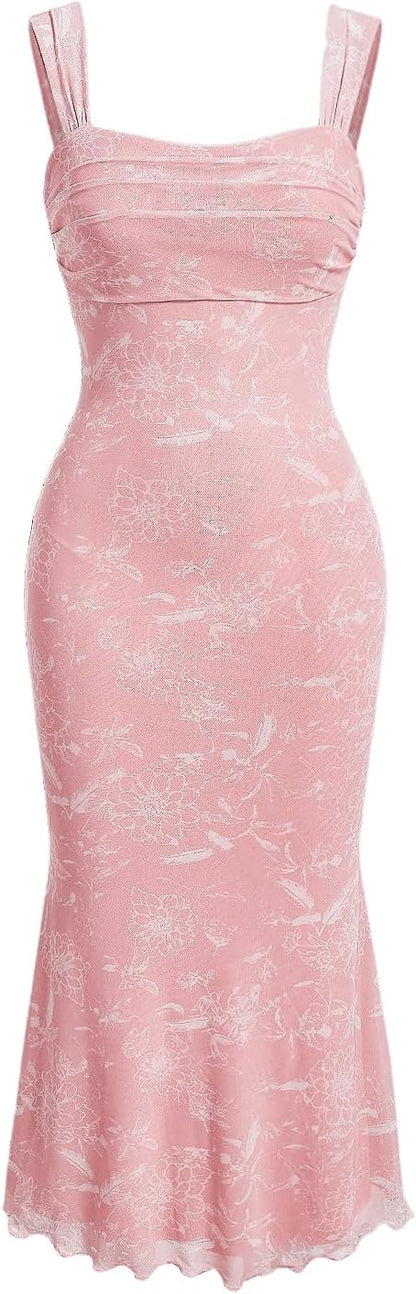 GORGLITTER Women's Floral Summer Wedding Guest Dress Ruched Cocktail Party Bridal Shower Formal Beach Midi Sun Dresses
