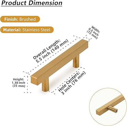 TooCust 2 Pack Brushed Brass Kitchen Cabinet Handles, Cabinet Pulls with 3 Inch (76mm) Hole Centers, Gold Dresser Handle with Brushed Finish, Modern Furniture Drawer Knobs