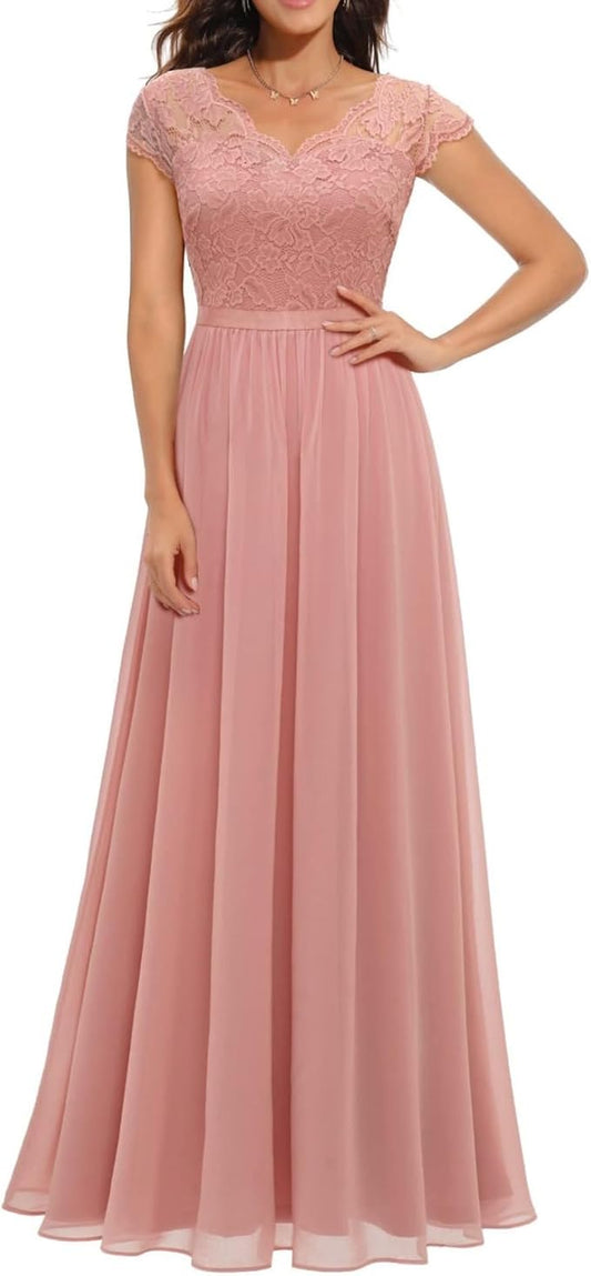Women's V-Neck Maxi Dress High Waist Long Skirt Vintage Floral Lace Dress Wedding Guest Dresses