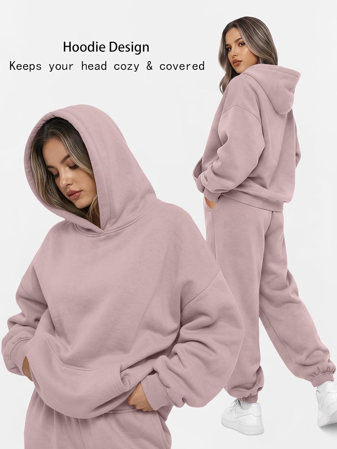 This cozy 2-piece tracksuit set offers an oversized, relaxed fit with a soft, warm fabric blend. Perfect for casual lounging or everyday wear.