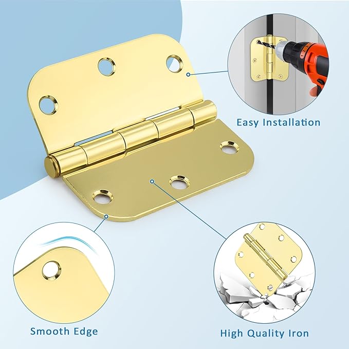 KNOBWELL 3 Pack 3.5" Polished Brass Door Hinges No Squeak, Heavy Duty Hinge for EntryGarageGate, Gold ExteriorInterior Door Hinges with 58" Radius Corners