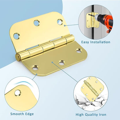 KNOBWELL 3 Pack 3.5" Polished Brass Door Hinges No Squeak, Heavy Duty Hinge for EntryGarageGate, Gold ExteriorInterior Door Hinges with 58" Radius Corners