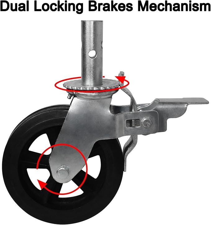 8 Inch Scaffolding Wheels, Scaffold Caster with Dual Locking Brakes, Heavy Duty 750LBS Rubber Caters 1-38" Solid Round Stem Replacement for Scaffold Workbench Shelves