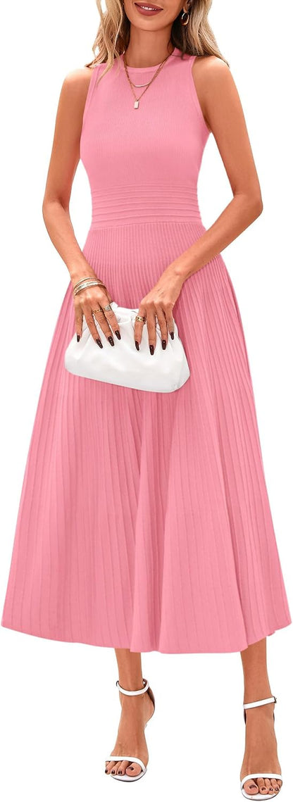 PRETTYGARDEN Spring Casual Dresses for Women 2026 Summer Business Work Midi Sleeveless A Line Pleated Cocktail Dress