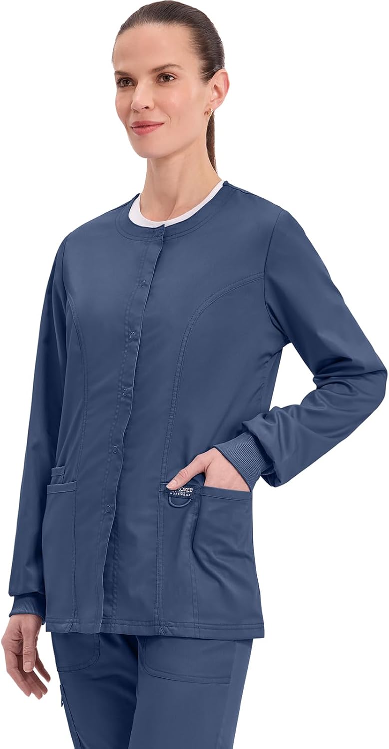 Cherokee Womens Scrub Jacket Nurse Snap Front Medical Uniform with Pockets, 2-Way Stretch, Easy Care Soft Fabric - WW310