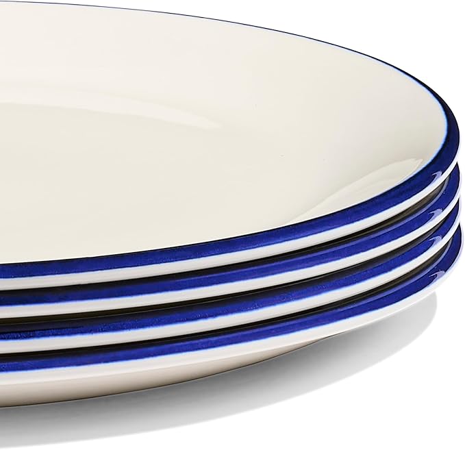 Made In Cookware - 11" Dinner Plates - Set of 4 - White With Navy Blue Rim - Porcelain - Crafted in England