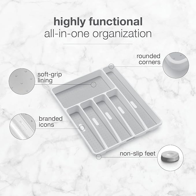 madesmart Classic Large Silverware Tray - White CLASSIC COLLECTION  6-Compartments Kitchen Drawer Organizer  Soft-Grip Lining and Non-Slip Rubber Feet  BPA-Free