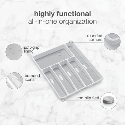 madesmart Classic Large Silverware Tray - White CLASSIC COLLECTION  6-Compartments Kitchen Drawer Organizer  Soft-Grip Lining and Non-Slip Rubber Feet  BPA-Free
