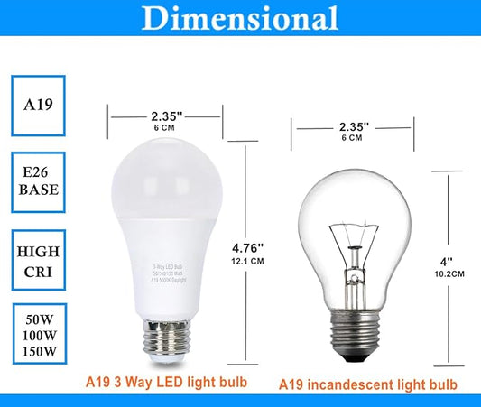 2 Pack Three Way Light Bulbs 50 100 150w, Daylight 5000K,Three Way A19, E26 Bulb,Perfect for Study Room Read