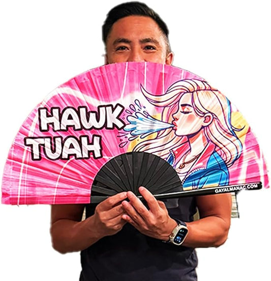 PandaTak Gay Pride Folding Hand Fans, Funny Large 13" Bamboo Fan with UV Reactive Ink, for LGBTQ Circuit Parties EDM Festivals and Raves (Hawk Tuah)